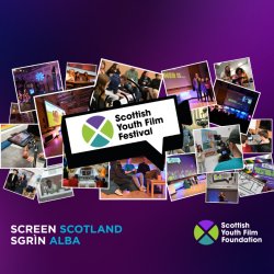 A collage of photos from past Festivals in the background, with the Scottish Youth Film Festival logo on top of it. The logo looks like a speech bubble with a stylised thistle inside it