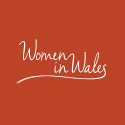 Burnt Orange Background, with white swirling writing which reads Women in Wales