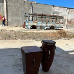 A cajon and tumbadora, for AfroCuban rumba, in a courtyard