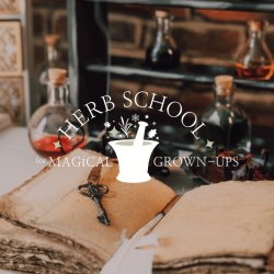 Herb book with the wording Herb School for Magical Grown Ups overlaid