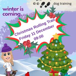 Cartoon image of Christmas Tree along with a trailing instructor and two dogs