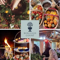 A wreath making event. Including wreaths being made, the collection of materials including dried oranges and afternoon tea by the fire.