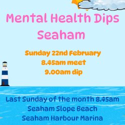 A cartoon image of Seaham Slope Beach on a sunny day with the text mental health dips Seaham, Sunday 22nd February, 8.45am meet, 9.00am dip, last Sunday of the month, Seaham slope beachA cartoon image