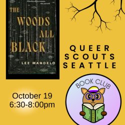 Text in event description. Gold background with black tree branch silhouette on top right next to book cover showing a dark forest with eyes over the tree trunks. Book Club logo on bottom.