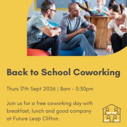 Promotional poster showing people talking in a bright coworking space with event details for a Back to School coworking day.