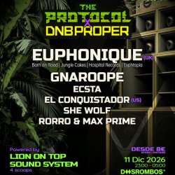 Cartel de The Protocol x DNB Proper, evento de Drum and Bass en DosRombos el 11 de diciembre de 2026, con Euphonique y artistas invitados.