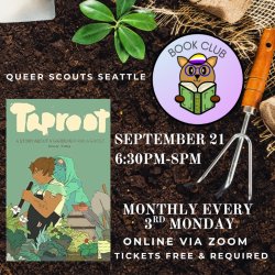 Text in event description. Background with dirt & garden tools. Book club logo in center. Book cover on left showing a brown skinned person gardening while being hugged from by a green skinned person.