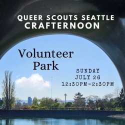 Overlook view of Seattle skyline from Volunteer Park on a partially sunny day. Text in event description.