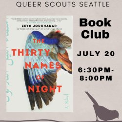 Brown silhouette of a small bird sitting on a branch in lower right. Book cover shown in left of image depicting a multicolored bird wing. Text in event description.