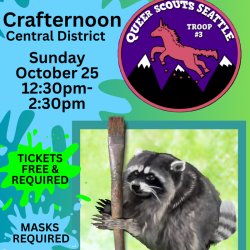 Text in event description. Blue to green ombre background with blue and green pain splatters. Seattle Queer Scouts logo on upper right. Jimothy raccoon holding a paintbrush on lower right.