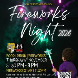Poster of an upcoming Fireworks Night on Wednesday 5th November at Calderstones School, Liverpool
