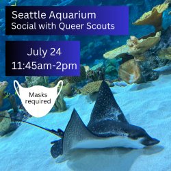 Photo image of a spotted eagle ray swimming along fine, white sand with several types of coral and fish in the background. White silhouette of a mask to the center left. Text in event description.