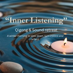 river flowing with corn field and text Harvest inward new moon qigong & sound retreat
