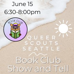 Background shows sandy beach. White outline of sun in center right. Book club logo in the center left. Text in event description.