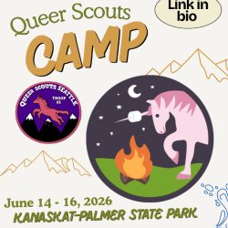 Queer Scouts logo on the left. Camp button design on the right with a light pink unicorn toasting a marshmallow on its horn over a campfire at night. Text in event description.