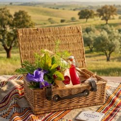 A woman sitting on a large blanket with cushions and a picnic basket, surrounded by the beautiful Alentejo countryside.