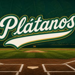 Logo de los Santo Domingo Plátanos sobre un estadio de béisbol con hojas de plátano.