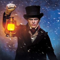 A Victorian gentleman holds a lantern up; he is staring through the snow with a pensive expression.
