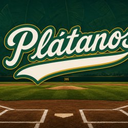 Logo de los Santo Domingo Plátanos sobre un estadio de béisbol con hojas de plátano.