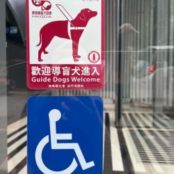 Red and white sticker from Hong Kong Guide Dog Association on a glass door that shows a drawing of a guide dog with the caption "Guide dogs welcome". Blue and white wheelchair symbol sticker is below.
