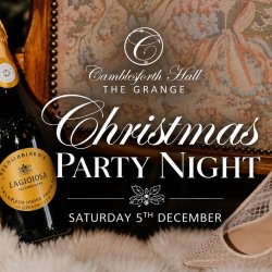 Wording: Christmas Party Night - Saturday 5th December 2026 Imagery: Champagne and party shoes
