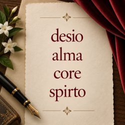 Poetic Italian words desio, alma, core, and spirto on a cream study card for a workshop on Italian vocal repertoire.