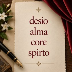Poetic Italian words desio, alma, core, and spirto on a cream study card for a workshop on Italian vocal repertoire.