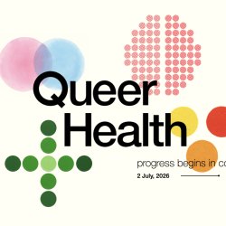 Queer Health Logo with four hero images in various colours representing the four different themes / panels