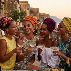 Four women wearing vibrant coloured hair turbans smiling and laughing