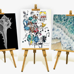 The image shows three easels with a different painting on each. One is abstract blues and yellows, one is a seascape, and one is a vase of red flowers