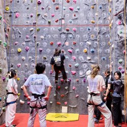 Participants climbing on a climbing wall as part of an Active Campus session