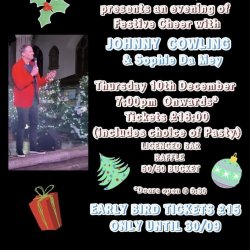 A poster with details of the event. Featuring a photo of a man singing next to some Christmas trees.