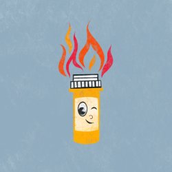 Drawing of a pill bottle with a winking face on it and flames coming out of the bottle cap.