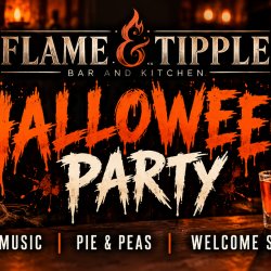 Halloween Party at Flame & Tipple, featuring live music, homemade pie and peas and a welcome shot, with pumpkins and Halloween decorations.