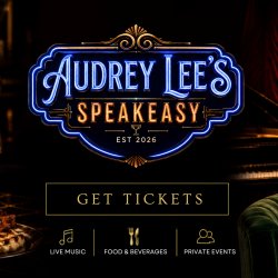 This is a logo for Audrey Lee's Speakeasy. It is there name of the venue with a vintage African American woman in the middle. It is encased in gold embellishments.