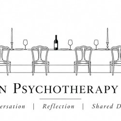 Image of a long table with chairs, candles, bottle of wine and glasses with words London Psychotherapy Forum underneath, and Conversation, Reflection and Shared Dining
