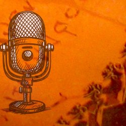 Still animation of a microphone against a backdrop of ancient script and design