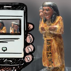 Animation of a phone with reaction icons capturing an image of ancient Egyptian figures