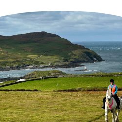 A rider in high-vis on a grey horse with the Sound and the Calf of Man in the background.