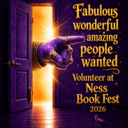 Purple background with yellow writing that says 'Volunteer  with NESS BOOK FESTIVEL 26"