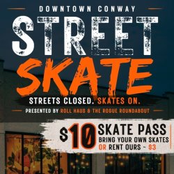 A high-energy promotional graphic for Roll Haus Founding Skate Night. May 29th Conway, AR