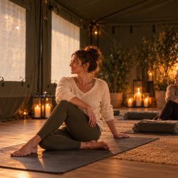Two women enjoying gentle seated Mat Pilates stretches inside The Shift's cosy, dark green retreat tent, surrounded by warm candlelight, soft furnishings and a glowing wood-burning stove.