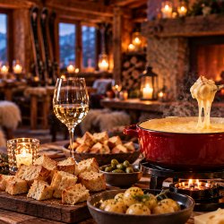 Swiss cheese fondue and white wine in cosy lodge setting