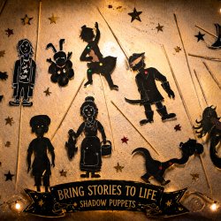 The image shows various shadow puppets