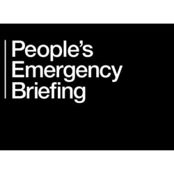 a black banner with text stating the People's Emergency Briefing