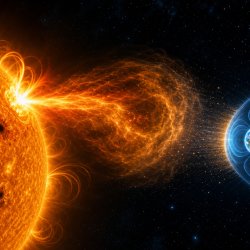 A wide illustration of the Sun and Earth against deep space. Dark sunspots and glowing magnetic loops cover the Sun, while a fiery coronal mass ejection expands toward Earth