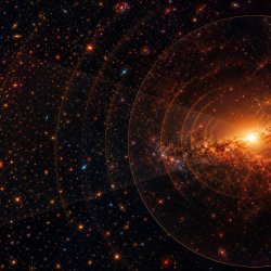 A dense infrared view of space filled with countless red, orange and blue points of light. Curved survey lines converge on an exceptionally bright, dust-shrouded golden galaxy