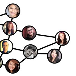 A network of single but diverse faces, each within their own circle, but joined to others by lines of connection