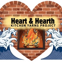 Orange, yellow flamed fire within heart shaped brown brick hearth held by two blue sea waves with white tops. The words Heart & Hearth Kitchen Yarns Project in black with yellow glow across hearth