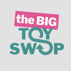 AI generated logo for Beck Road Big Toy Swap - cartoon of toys over cartoon of beck road and bridge